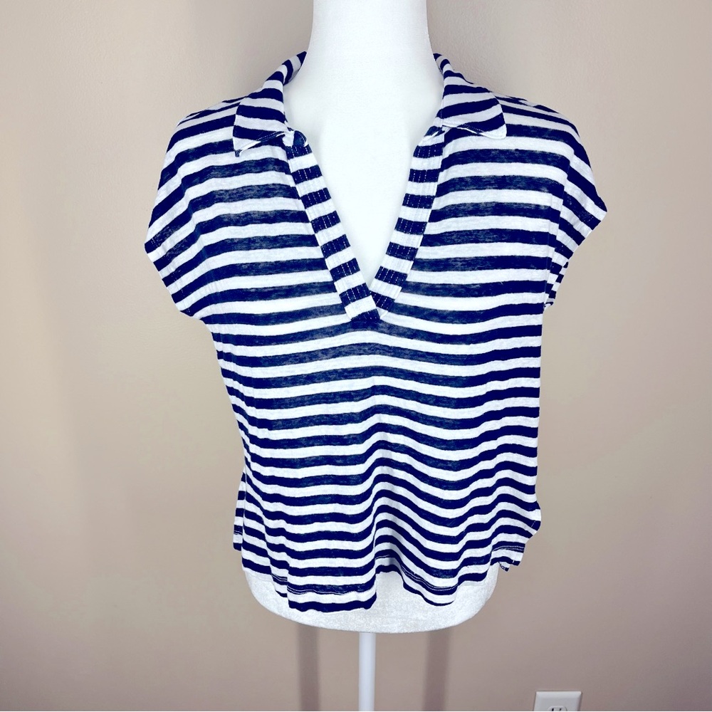 100% Linen Short Sleeve Top by Sigrid Olsen Women’s Large Navy/White Str…